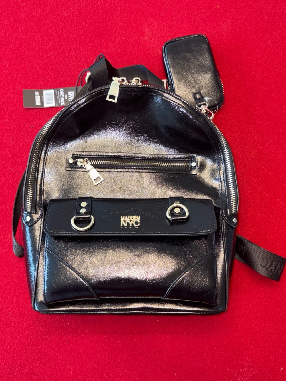 Madden NYC Black Patent Mini Backpack with Front Pocket